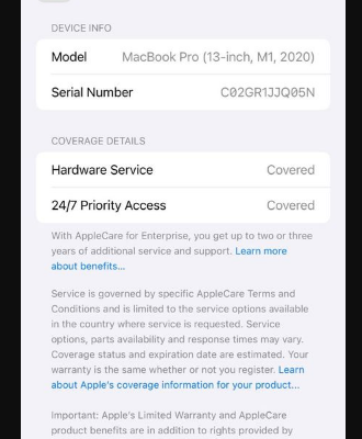 MacBook Pro m1 2020 Apple warranty till 2025 For S