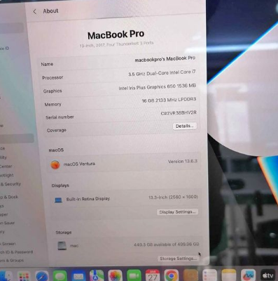 Macbook Pro, 13 INCH 2017, i7, 16GB RAM For Sale