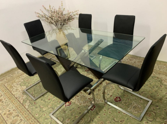 Glass Top Dining Table with 6 chairs For Sale