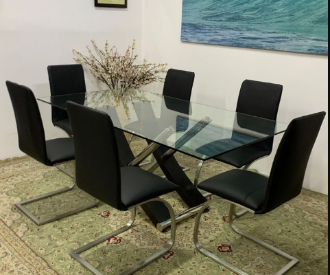 Glass Top Dining Table with 6 chairs For Sale