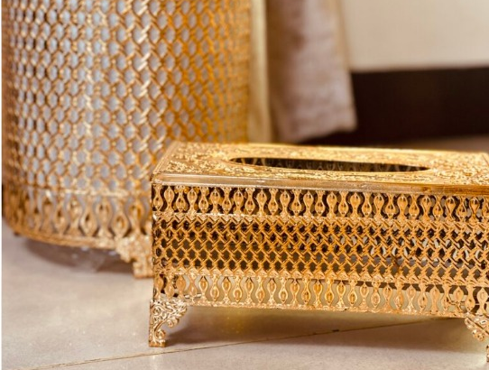 2 Pieces Dustbin & Tissue Box Set Gold For Sale
