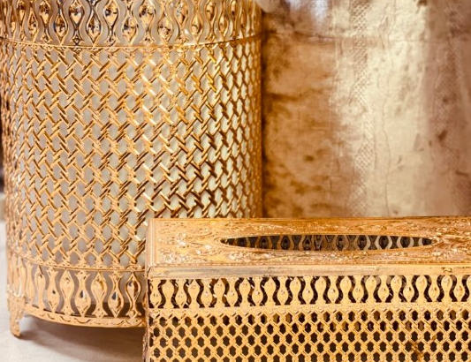 2 Pieces Dustbin & Tissue Box Set Gold For Sale