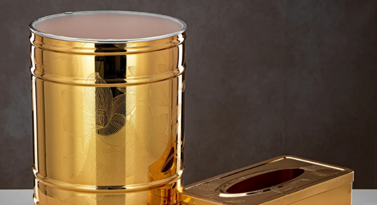 2 Pieces Dustbin & Tissue Box Set Gold For Sale
