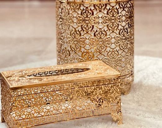 2 Pieces Dustbin & Tissue Box Set Gold For Sale