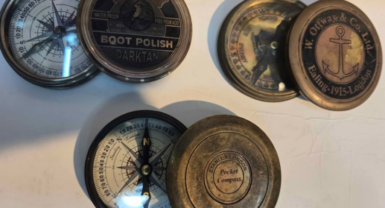 ANTIQUE BRASS COMPASS 3PC SET FROM LONDON FOR SALE