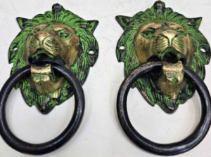 VERY RARE REAL ANTIQUE BRASS LION DOOR KNOCKER 2PC