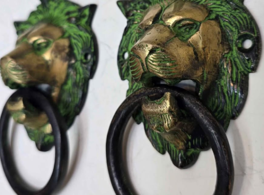 VERY RARE REAL ANTIQUE BRASS LION DOOR KNOCKER 2PC