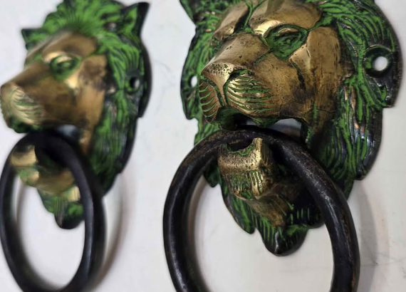 VERY RARE REAL ANTIQUE BRASS LION DOOR KNOCKER 2PC
