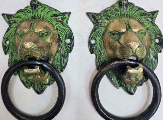 VERY RARE REAL ANTIQUE BRASS LION DOOR KNOCKER 2PC