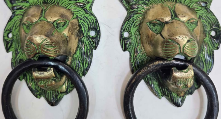VERY RARE REAL ANTIQUE BRASS LION DOOR KNOCKER 2PC