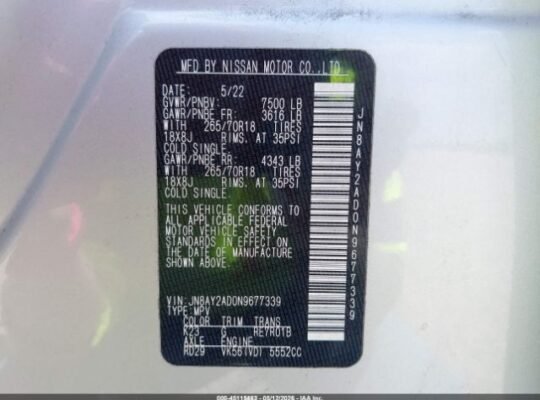 NISSAN ARMADA S 4WD 2022 Auto Auction – SOLD